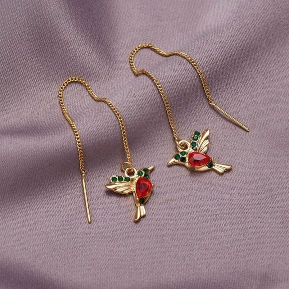 New Gold-Tone & Dark Red/Green Crystal Hummingbird Threaders w/Gold-Tone Chain - Picture 5 of 11